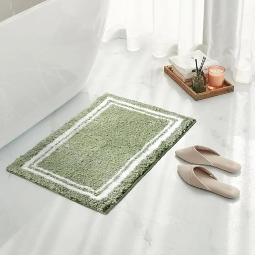 Luxury Sage Green Frame Bathroom Rug, Soft Absorbent, Non-Slip 16x24 Bath Mat